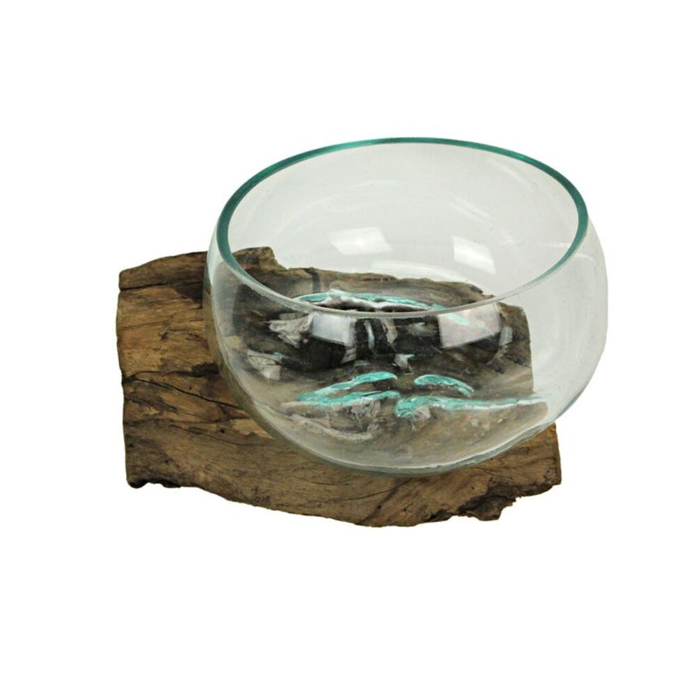 Molten Glass on Teak Driftwood Sculptural Bowl, Vase, Terrarium